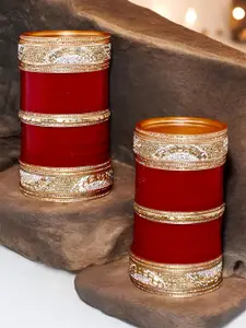LUCKY JEWELLERY Maroon CZ Stone-Studded Punjabi Chura Bridal Wedding Bangle Set