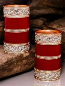 LUCKY JEWELLERY Maroon & White CZ Studded Bridal Chura Bangle Set