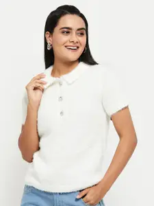 max Women White Solid Short Sleeves Shirt Style Top
