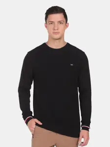 Arrow Sport Men Black Solid Round Neck Cotton Pullover