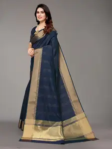 Winza Designer Navy Blue & Gold-Toned Woven Design Zari Silk Blend Banarasi Saree
