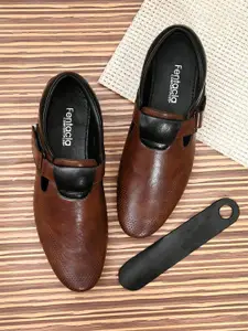 Fentacia Men Brown & Black Leather Monk Shoes