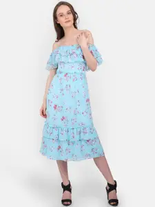 MARC LOUIS Blue Floral Off-Shoulder Layered Chiffon Midi Dress