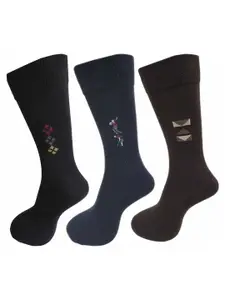RC. ROYAL CLASS Men Pack Of 3 Black & Brown Patterned Cotton Calf-Length Socks