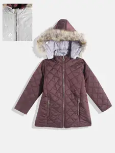White Snow Girls Burgundy & Grey Checked Reversible Parka Jacket with Detachable Hood
