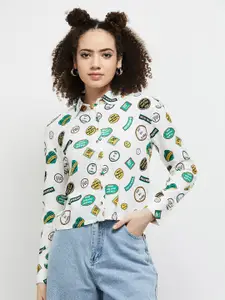max Women Off White & Green Printed Casual Shirt