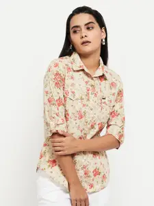 max Women Beige Floral Printed Casual Shirt
