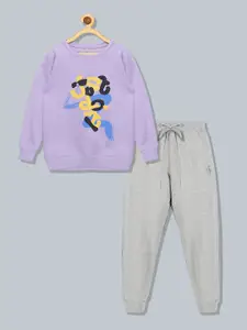 KiddoPanti Girls Lavender & Blue Printed T-shirt with Trouser