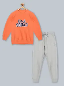 KiddoPanti Girls Peach-Coloured & Grey Solid Cotton T-shirt & Track pants