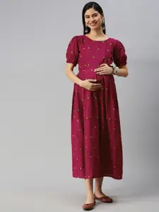 Swishchick Pink Pure Cotton Ethnic Motifs Maternity A-Line Midi Dress