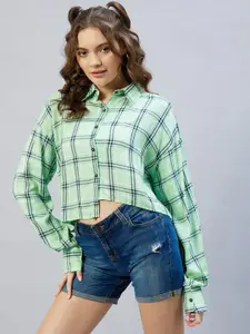 CHIMPAAANZEE Women Green Oversized Tartan Checks Checked Casual Shirt