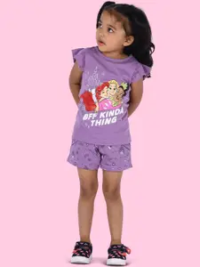 Zalio Girls Purple & White Printed T-shirt with Shorts