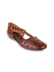Catwalk Women Tan Woven Design Mules with Laser Cuts Leather Flats