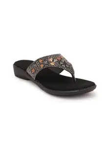 Style Shoes Women Black Embellished T-Strap Flats