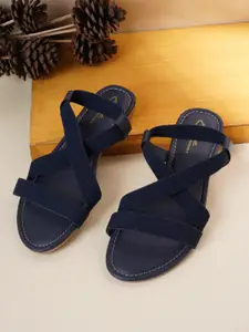 Style Shoes Women Navy Blue Textured Open Toe Flats