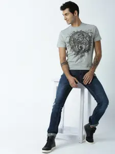 Huetrap Men Grey Melange Printed Round Neck T-shirt