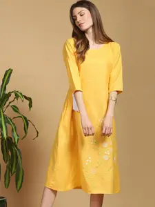 Indifusion Yellow Floral Embroidered A-Line Midi Dress