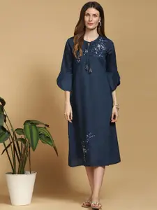 Indifusion Women Floral Embroidered Bell Sleeves Cotton Ethnic Dress