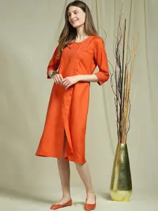 Indifusion Orange Solid Schiffli A-Line Dress