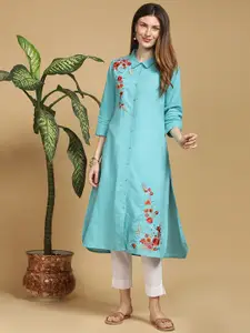 Indifusion Women Blue & Red Floral Embroidered Flared Sleeves Thread Work Kurta