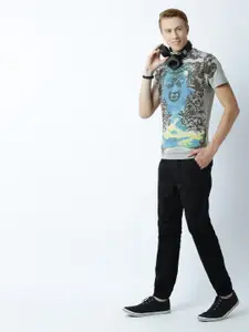 Huetrap Men Grey Melange Printed Round Neck T-shirt