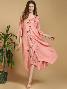 Indifusion Women Pink Floral Solid Embroidered Bell Sleeves Ethnic Dress