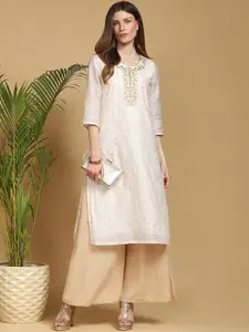 Indifusion Women Off White & Gold-Toned Floral Embroidered Kurta