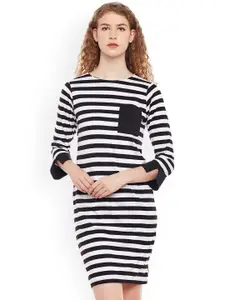 Miss Chase Women Black & White Striped Knee Length Dress