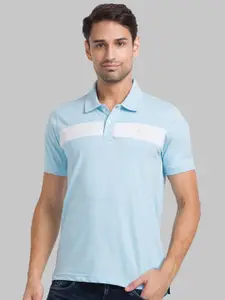Raymond Men Blue & White Striped Polo Collar T-shirt