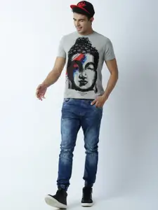 Huetrap Men Grey Melange Buddha Print Round Neck T-shirt