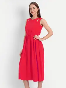 MINGLAY Women Red Organic Cotton Crepe Sleeveless Organic Cotton  A-Line Midi Dress
