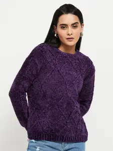 max Women Purple Cable Knit Pullover Sweater