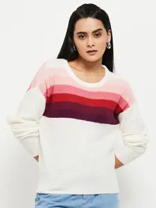 max Women Cream-Coloured & Pink Striped Pullover Sweater