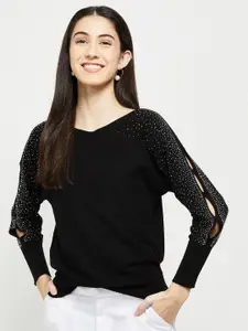 max Women Black Embroidered Pullover with Embellished Detail