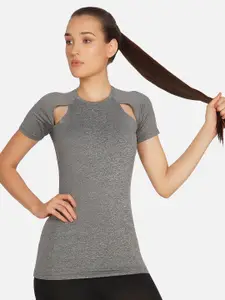 NEU LOOK FASHION Women Grey Drop-Shoulder Sleeves Applique T-shirt
