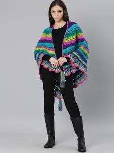 Magic Needles Women Blue & Green Striped Front-Open Poncho Style Sweater