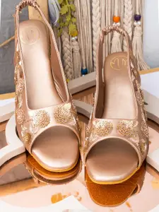 NR By Nidhi Rathi Rose Gold Embellished Leather Block Sandals