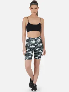 IMPERATIVE Women Olive Green Camouflage Printed Slim Fit Cycling Sports Shorts