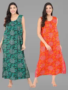 Shararat Women's Cotton Set of 2 Green & Orange Printed Sleeveless Night Gown/Nighty