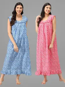 Shararat Pack of 2 Blue & Pink Printed Maxi Cotton Nightdress