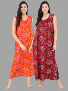 Shararat Women pack of 2 Orange Printed Maxi Nightdress