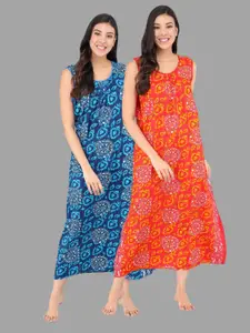 Shararat Blue And Orange Pack Of 2 Printed Maxi Nightdress