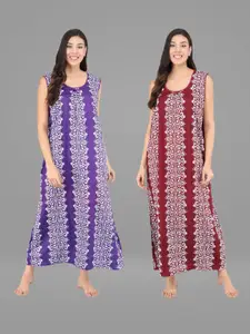 Shararat Pack of 2 Purple & Brown Pure Cotton Printed Maxi Nightdress