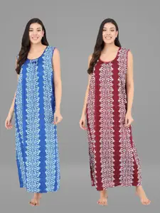 Shararat Pack of 2 Blue & Brown Pure Cotton Printed Maxi Nightdress