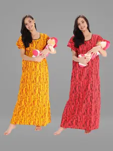 Shararat Women Pack of 2 Yellow Printed Maxi Nightdress