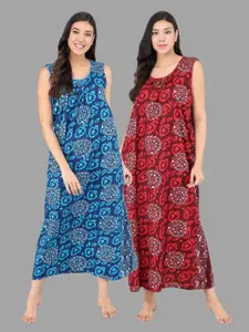 Shararat Pack Of 2 Blue & Red Printed Maxi Nightdress