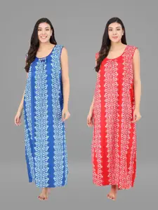 Shararat Women Blue and Red Pack of 2 Printed Maxi Nightdress