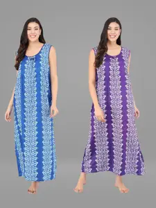 Shararat Set Of 2 Blue & Purple Printed Maxi Pure Cotton Nightdress