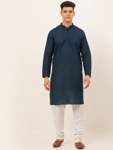 Jompers Men Teal Blue Dupion Silk Kurta with Pyjama