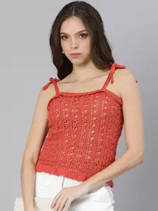 Magic Needles Red Self Design Pure Cotton Styled Back Top